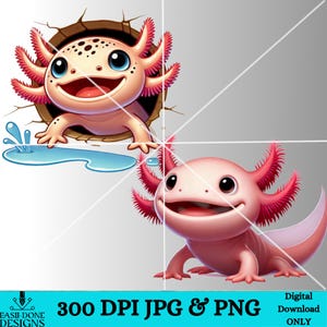 May include: Two cartoon axolotls, one pink and one with a yellow body and pink frills, are smiling. The pink axolotl is standing on a white background. The yellow axolotl is peeking out of a hole in a brown wall.  300 DPI JPG & PNG Digital Download ONLY