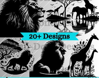 Puede incluir: Un conjunto de más de 20 archivos de corte SVG en silueta en blanco y negro con animales como leones, jirafas, elefantes y más. El texto "20+ Designs" y "SVG PNG PDF DXF Descarga digital únicamente" está incluido en la imagen.