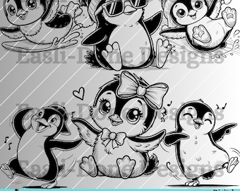 Penguin SVG outline Bundle PNG pdf and dxf Files Instant Download cute kawaii Penguin clipart cutter and laser cut file Dancing Baby Penguin