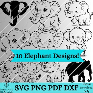 May include: Ten black and white line art illustrations of elephants. The elephants are in various poses, including standing, sitting, and walking. The illustrations are perfect for use in crafts, scrapbooking, or digital design.
