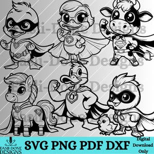 Pacote de contorno de animal de super-herói SVG PNG Pdf Dxf Arquivo Herói Fazenda Animal Vetor Clipart bordado sublimação laser Cricut arquivo super animal