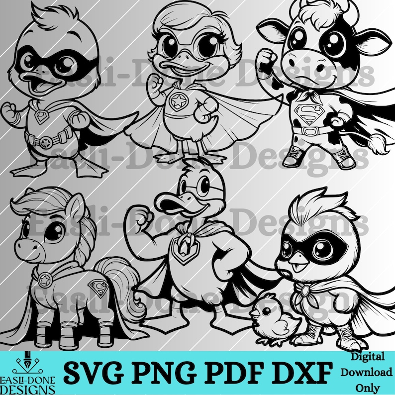 May include: A set of black and white digital illustrations of a duck, a cow, a pony, and a chick wearing superhero costumes. The illustrations are in a cartoon style and feature bold lines and large eyes.