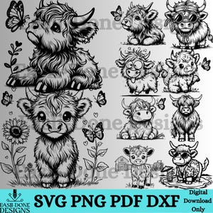 May include: Black and white digital illustrations of Highland cows in various poses, some with butterflies and flowers. The images include a cow wearing sunglasses and another with a flower crown. The text "SVG PNG PDF DXF" is at the bottom.