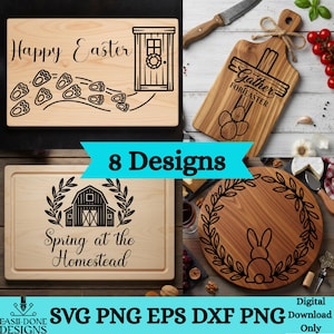 Puede incluir: Una colección de tablas de cortar de madera con diseños grabados. Las tablas presentan temas de Pascua y primavera, incluyendo textos como "Happy Easter", "Gather for Easter" y "Spring at the Homestead". La imagen también incluye un conejo y un granero.