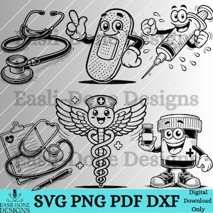 May include: A set of five black and white digital illustrations of medical themed cartoon characters. The characters include a bandage, a syringe, a caduceus, a stethoscope and a pill bottle.