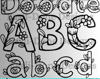 Floral Doodle Font SVG Bundle: Hand drawn Outline Alphabet Clipart (Digital Download)