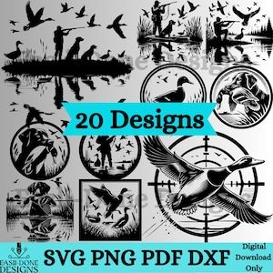 Peut inclure: Un ensemble de 20 designs numériques en noir et blanc sur le thème de la chasse et du canard. Les designs comprennent des canards en vol, des canards dans une cible, des canards dans un cercle et un chasseur avec un chien. Le texte "20 Designs" est dans une bannière bleue en haut de l'image. Le texte "SVG PNG PDF DXF Téléchargement numérique uniquement" est en bas de l'image.