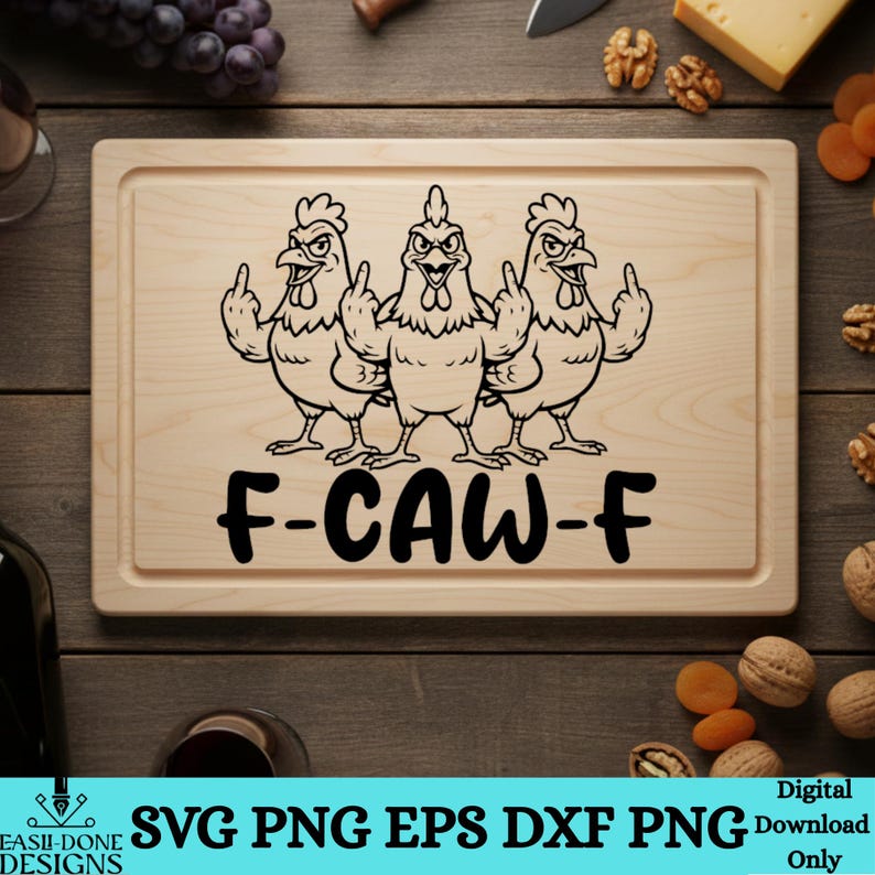 Sarcastische kip SVG-bundel, grappige boerderij kip SVG, volwassen humor kip ontwerpen, snijplank en shirt SVG, middelvinger svg, F Caw F svg afbeelding 5