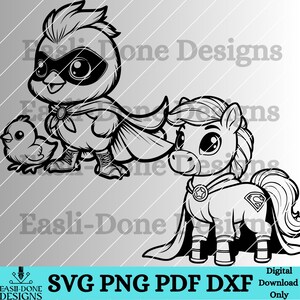May include: Black and white digital illustration of a chick and a pony dressed as superheroes. The chick is wearing a cape and mask and holding a smaller chick. The pony is wearing a cape and mask with a star and the letter 'S' on its chest.