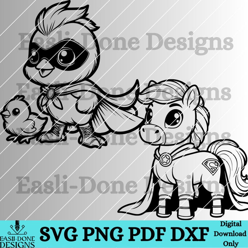 May include: Black and white digital illustration of a chick and a pony dressed as superheroes. The chick is wearing a cape and mask and holding a smaller chick. The pony is wearing a cape and mask with a star and the letter 'S' on its chest.