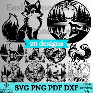 Puede incluir: Un conjunto de 20 diseños de siluetas de zorros en blanco y negro. Los diseños presentan zorros en varias poses, incluyendo sentados, de pie y corriendo. Los diseños son perfectos para usar en proyectos de manualidades, como cortar, grabar o imprimir.