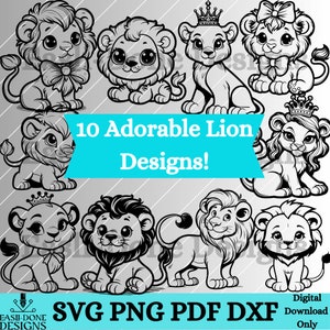 Paquete de contornos de león SVG PNG, archivos pdf y dxf para descargar al instante, lindos archivos de corte láser y cortadores de imágenes prediseñadas de leones kawaii, reina león svg