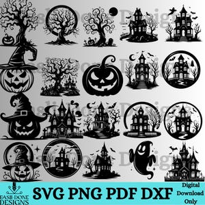 Puede incluir: Una colecci&oacute;n de dise&ntilde;os digitales en blanco y negro con tem&aacute;tica de Halloween. Los dise&ntilde;os incluyen casas embrujadas, calabazas, &aacute;rboles espeluznantes y un fantasma. El texto "SVG PNG PDF DXF" se muestra en la parte inferior.