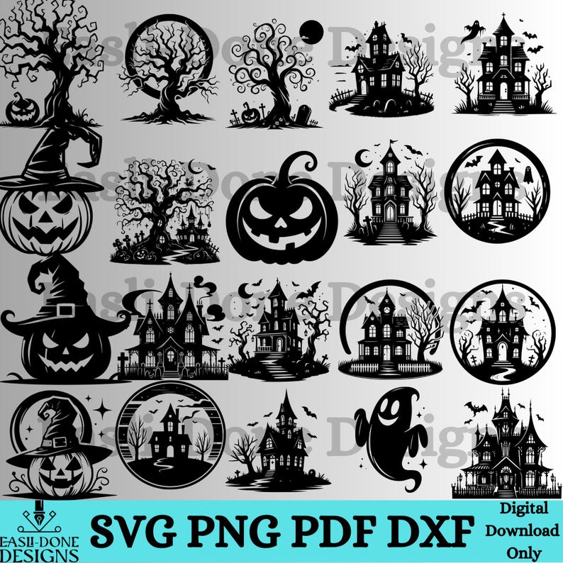 Puede incluir: Una colecci&oacute;n de dise&ntilde;os digitales en blanco y negro con tem&aacute;tica de Halloween. Los dise&ntilde;os incluyen casas embrujadas, calabazas, &aacute;rboles espeluznantes y un fantasma. El texto "SVG PNG PDF DXF" se muestra en la parte inferior.