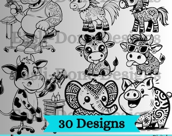 Tattoo SVG Bundle, Tattooed Animal svg, Tattoo lover svg, PNG pdf and dxf Files Instant Download, Ink svg, cutter and laser engraving files