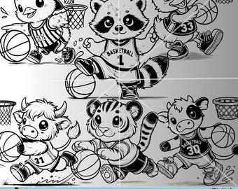 Paquete SVG de contorno de baloncesto de animales: archivos cortados con láser (descarga digital)