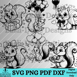 Squirrel Valentine Outline Bundle SVG PNG pdf and dxf Files squirrel forest animal laser and cut digital download Vector clipart sublimation