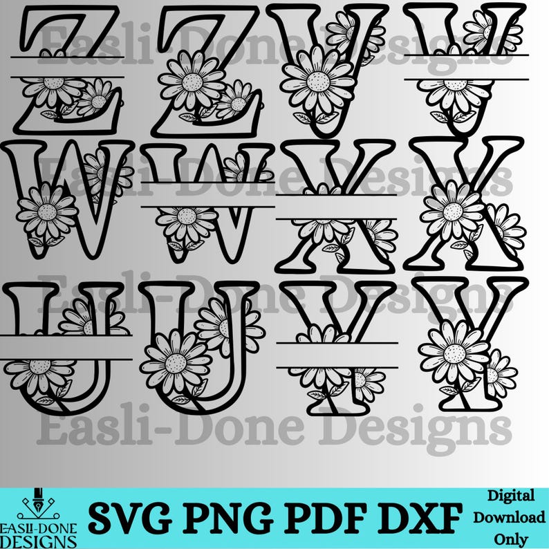 Split Monogram Daisy Split Monogram SVG Bundle, Doodle Style, Daisy Floral Alphabet A-Z SVG ...