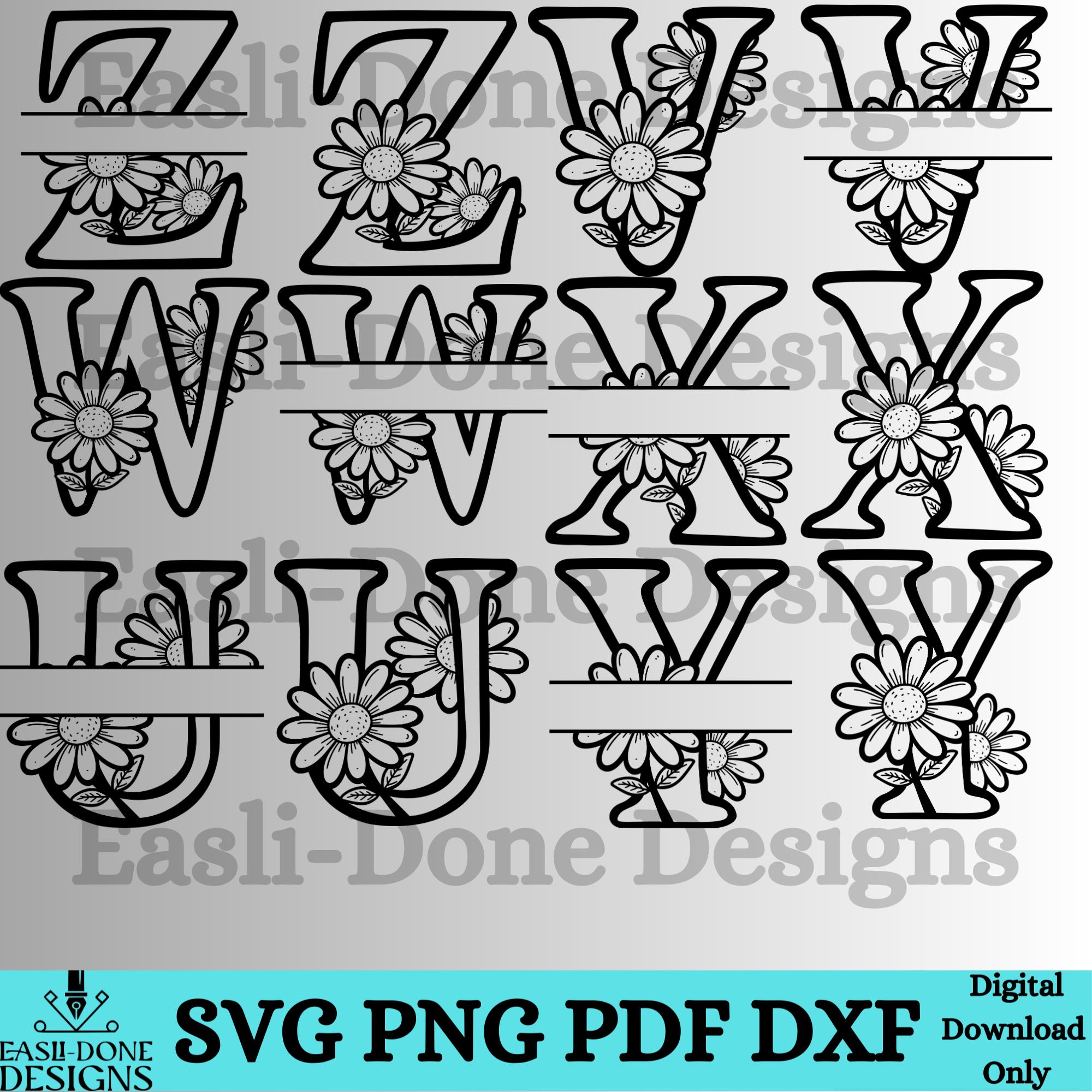 Split Monogram Daisy Split Monogram SVG Bundle, Doodle Style, Daisy Floral Alphabet A-Z SVG ...