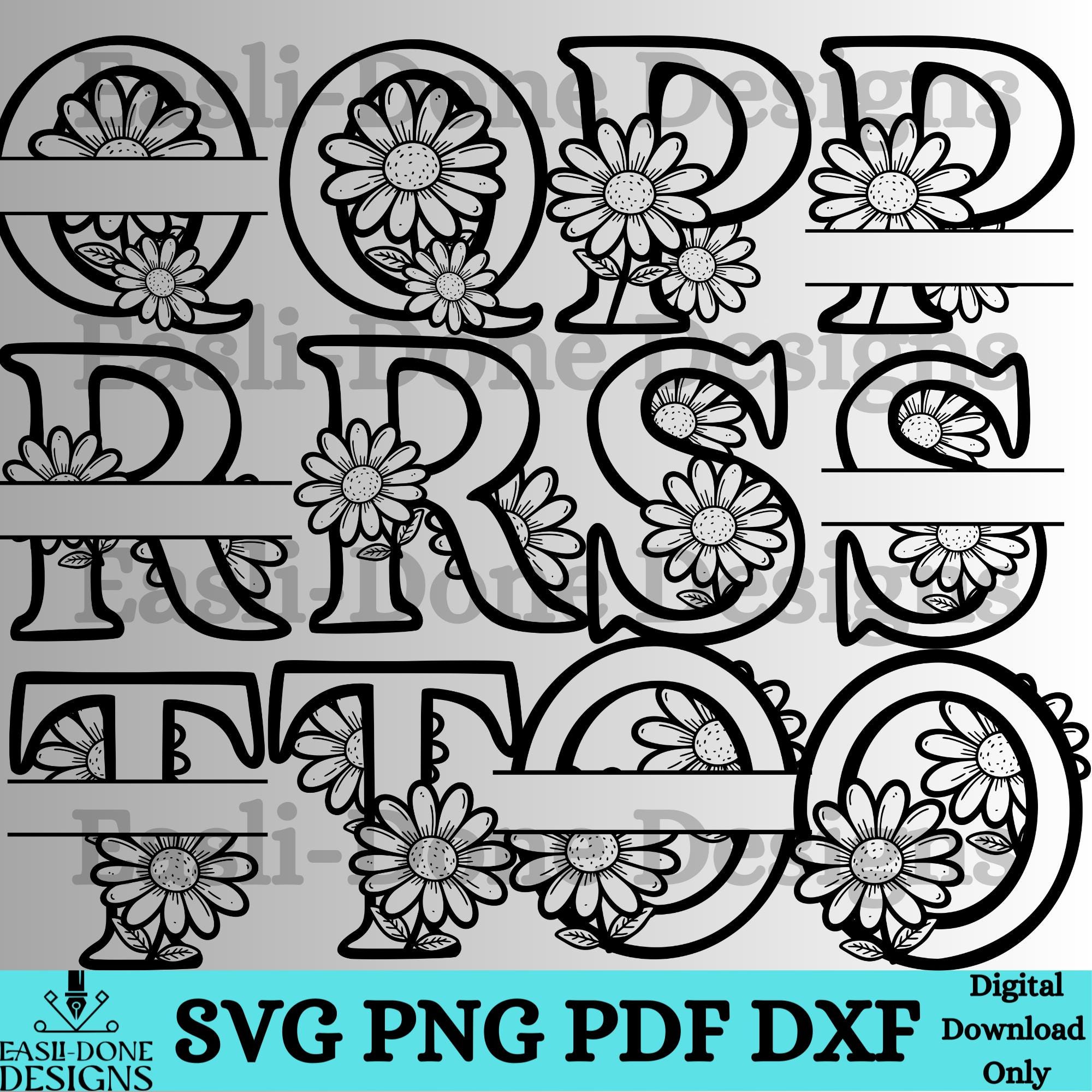 Split Monogram Daisy Split Monogram SVG Bundle, Doodle Style, Daisy Floral Alphabet A-Z SVG ...
