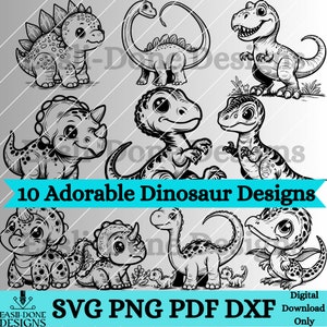 恐竜バンドル 10 個の愛らしい SVG PNG pdf および dxf ファイル、かわいい恐竜レーザーおよび Cricut カット ファイル、かわいい動物 png クリップアート アウトライン svg