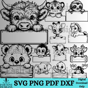 Może przedstawiać: Zestaw 10 czarno-białych cyfrowych obrazów clipart przedstawiających urocze zwierzęta trzymające tabliczki. Zwierzęta to krowa, tygrys, leniwiec, żyrafa, kucyk, małpa, krowa, jeleń, słoń i łoś. Każde zwierzę trzyma pustą tabliczkę, którą można spersonalizować tekstem.