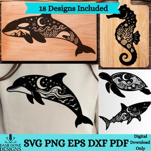 Può includere: Una collezione digitale di 18 disegni grafici neri raffiguranti animali marini tra cui un'orca, un cavalluccio marino, un delfino, una tartaruga marina e uno squalo. Ogni sagoma contiene motivi complessi di stelle, lune, onde e coralli. Il testo recita 18 Designs Included e Digital Download Only.