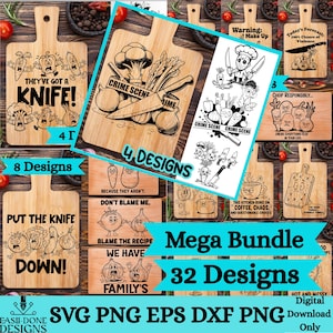 Puede incluir: Una colección de tablas de cortar de madera con diseños y texto humorísticos. Las tablas presentan varias ilustraciones, incluyendo verduras con cuchillos y frases como "They've Got a Knife!" y "Crime Scene." La imagen también incluye el texto "Mega Bundle 32 Designs."