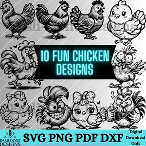 Chicken SVG PNG pdf and dxf file Bundle 10 cut files Trendy Farm Animal Chicken Design File for Crafting Instant Download vintage Kawaii svg