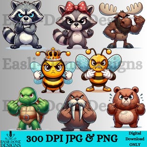 May include: A collection of cartoon animal illustrations, including a raccoon, moose, bee, turtle, walrus, and bear, each with an angry expression and gesturing with their middle fingers. The image includes the text "300 DPI JPG & PNG".