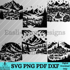 May include: Four black and white digital illustrations of winter scenes with snow-capped mountains, houses, and trees. The illustrations are perfect for creating holiday crafts, cards, and decorations.