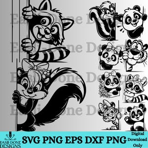 May include: Black and white cartoon animal graphics, including a raccoon, skunk, panda, and tiger, peeking from behind a border. The image includes the text "SVG PNG EPS DXF PNG" and "Digital Download Only".