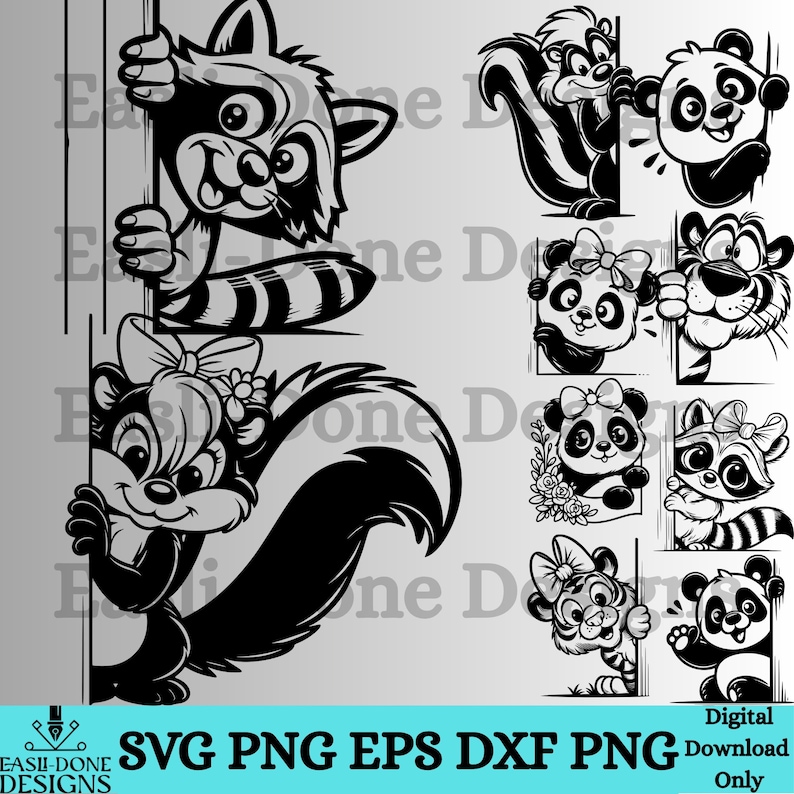 May include: Black and white cartoon animal graphics, including a raccoon, skunk, panda, and tiger, peeking from behind a border. The image includes the text "SVG PNG EPS DXF PNG" and "Digital Download Only".