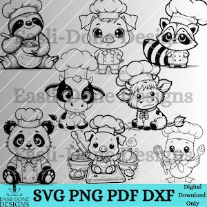Chef svg Animal Outline Bundle svg png pdf and dxf Files Instant Download, Baking Cooking Animal clipart, cutter and laser kitchen decor