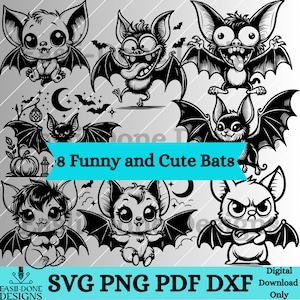 Fledermäuse Tier Umriss Bundle 8 Designs SVG PNG Pdf Dxf Dateiformate Vektor Halloween Clipart Sublimation Laser Cricut-Dateien Lustige verrückte Tier