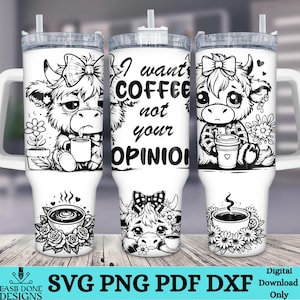 Könnte beinhalten: Ein Sublimationsdesign mit einer Schwarzweißillustration einer Kuh mit Schleife und dem Text "Ich will Kaffee, nicht deine Meinung". Das Design befindet sich auf einem weißen Becher mit schwarzem Deckel und schwarzem Griff.