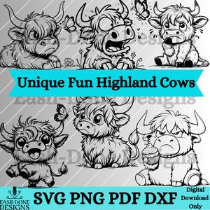 Vaca de las tierras altas SVG PNG archivos pdf y dxf Descarga instantánea, linda vaca de las tierras altas kawaii clipart, archivos de corte y corte láser Animal de granja divertido svg