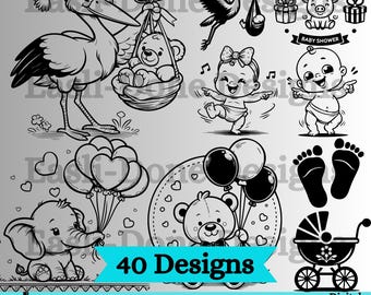 Paquete de imágenes prediseñadas SVG para baby shower: cigüeña, elefante y osito de peluche (descarga digital)