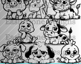 Bored Farm Animal SVG PNG pdf and dxf Files Instant Download, cute kawaii highland cow clipart, cutter and laser cut files Funny Farm Animal