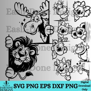 May include: Black and white cartoon animal designs, including a moose, lion, koala, hippo, giraffe, and lioness, peeking from behind a corner. The image includes the text "SVG PNG EPS DXF PNG Digital Download Only".