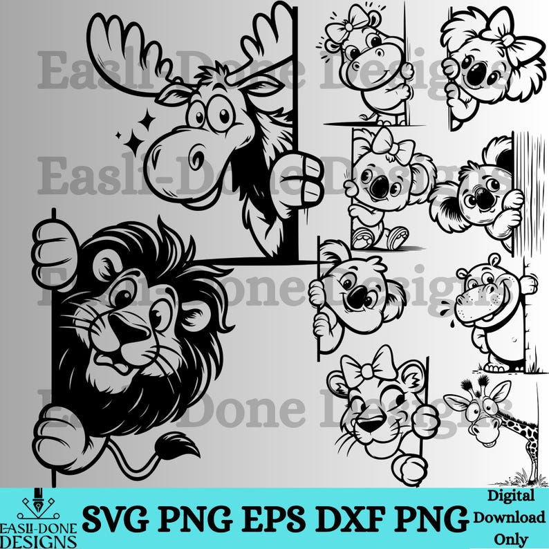May include: Black and white cartoon animal designs, including a moose, lion, koala, hippo, giraffe, and lioness, peeking from behind a corner. The image includes the text "SVG PNG EPS DXF PNG Digital Download Only".