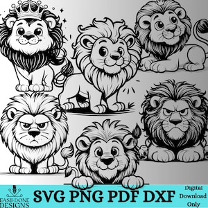 Löwe Umriss Bundle SVG PNG Pdf und Dxf Safari Tier svg Kawaii Löwe Stickerei Sublimation Clipart Aufkleber Laser Engraver König des Dschungels