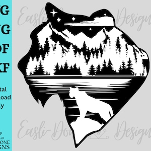 May include: Black and white silhouette of a mountain landscape with a lake and a wolf in the foreground. The wolf is facing the left side of the image. The mountain landscape is in the shape of a heart.