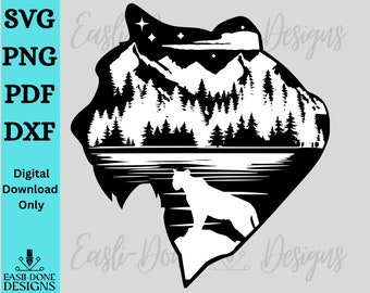 May include: Black and white silhouette of a mountain landscape with a lake and a wolf in the foreground. The wolf is facing the left side of the image. The mountain landscape is in the shape of a heart.