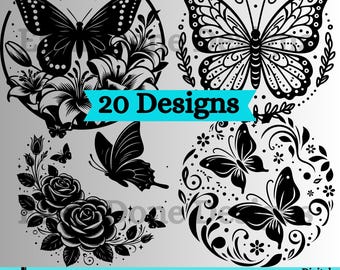 Può includere: Un set di 20 design digitali con illustrazioni in bianco e nero di farfalle ed elementi floreali. I design sono perfetti per progetti di artigianato, scrapbooking e altro ancora. Il testo "20 Designs" è visualizzato su uno striscione blu.
