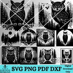 K&ouml;nnte beinhalten: Ein Set mit zehn digitalen Downloads mit Schwarzwei&szlig;-Illustrationen von Eulen in verschiedenen Waldumgebungen. Die Eulen sind in einem stilisierten, grafischen Designstil dargestellt. Die Illustrationen sind perfekt f&uuml;r Bastelprojekte, Scrapbooking und andere kreative Unternehmungen.