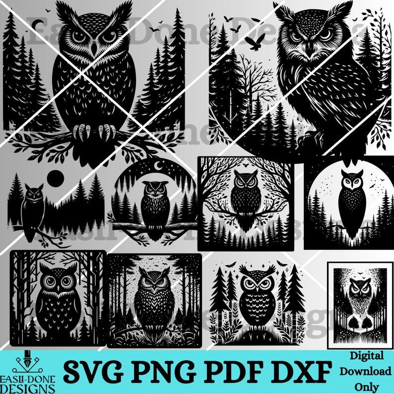 K&ouml;nnte beinhalten: Ein Set mit zehn digitalen Downloads mit Schwarzwei&szlig;-Illustrationen von Eulen in verschiedenen Waldumgebungen. Die Eulen sind in einem stilisierten, grafischen Designstil dargestellt. Die Illustrationen sind perfekt f&uuml;r Bastelprojekte, Scrapbooking und andere kreative Unternehmungen.