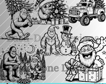 Op de afbeelding: Zwart-witte digitale illustraties van verschillende kerstfiguren, waaronder een Yeti, een sneeuwpop en een Bigfoot. De figuren worden afgebeeld in verschillende poses, zoals het vasthouden van een kerstboom, zitten in een cadeaudoos en staan in de sneeuw. De illustraties zijn geschikt voor gebruik in knutselprojecten, scrapbooking en andere creatieve bezigheden.