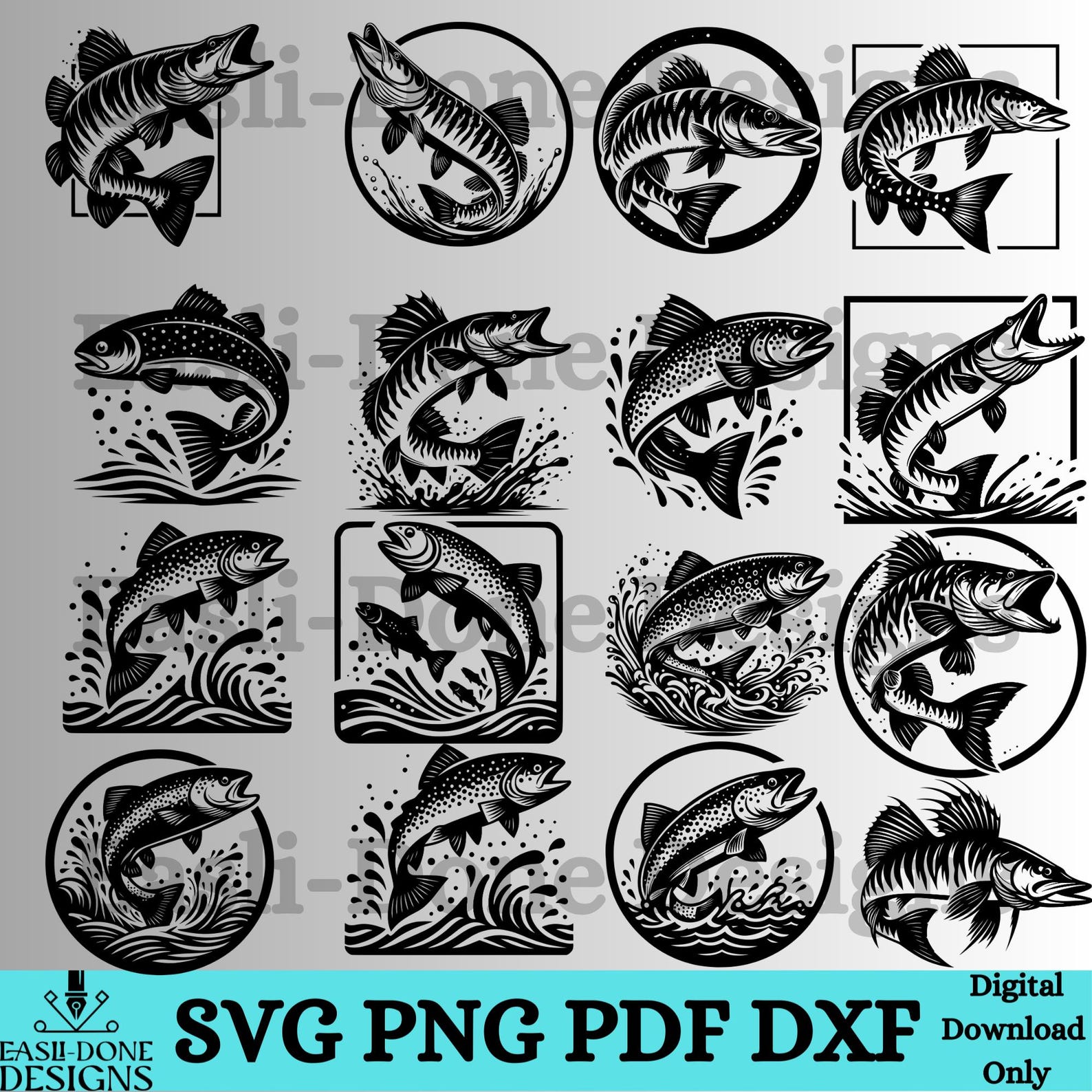 Lake Fish SVG Bundle: Bass, Trout, Muskie Silhouettes (digital Download ...