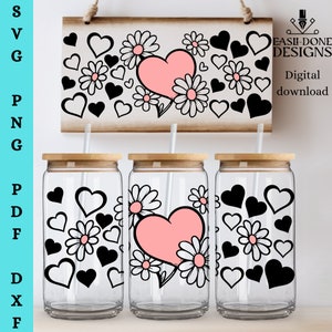 Gänseblümchen-Herz-Glasdose SVG und PNG-Dateien, Herzen und Blumen 16 oz Libbey Glass Can Wrap Cut-Datei, Sublimationsglasware SVG-Png-PDF-Dxf-Datei
